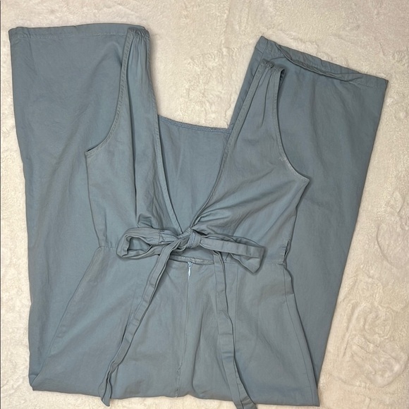 Women's Cotton Chambray Open Back Tie Wide Leg Jumpsuit Size S - Picture 3 of 6